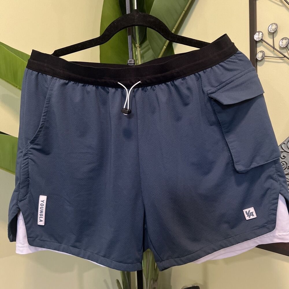 YOUNGLA Lined Cargo Shorts Men’s Small Blue Drawstring